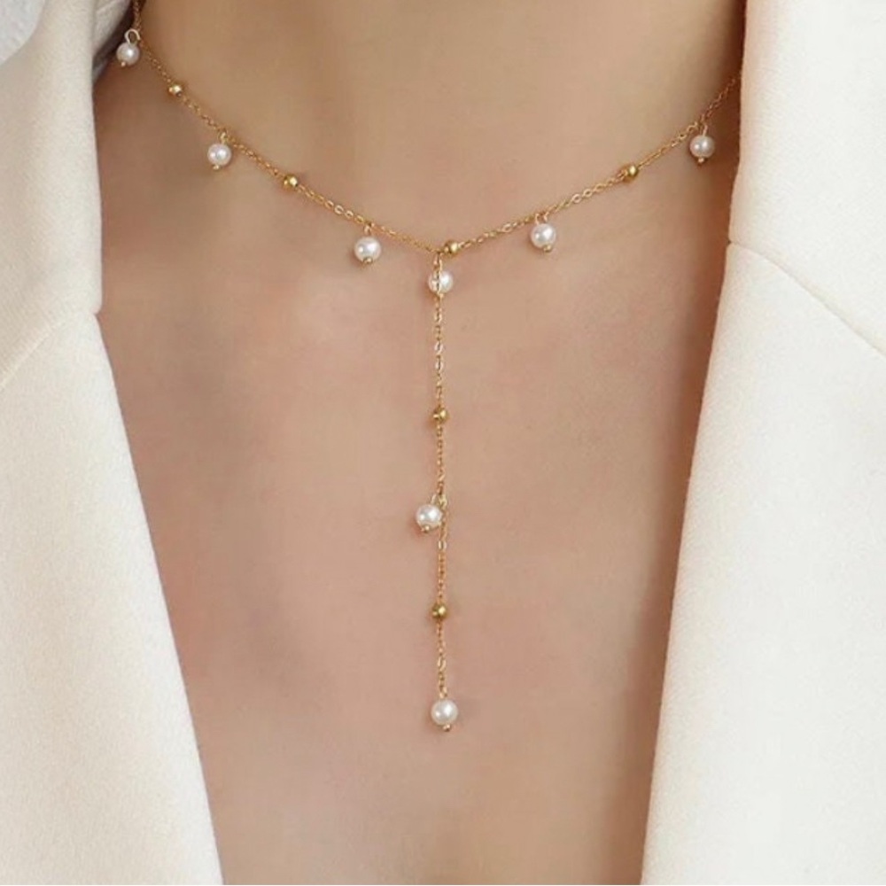 Dainty Faux Pearl Satellite Chain Necklace 18k Gold Plated Y Necklace Gold Ball